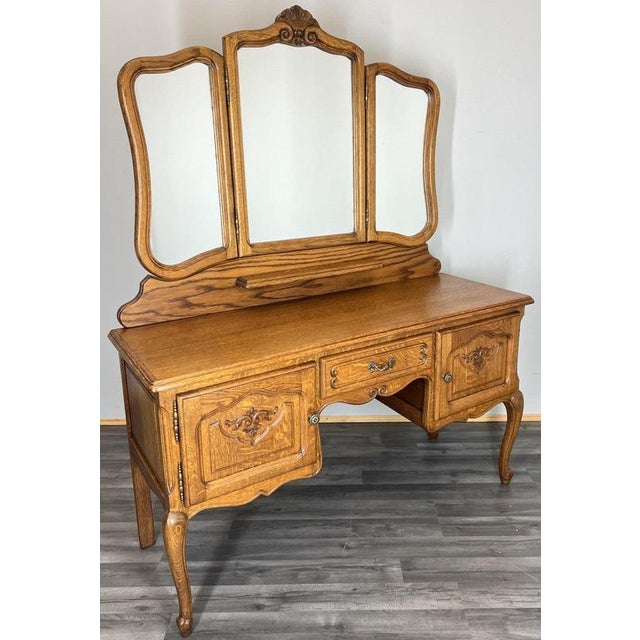 Vintage French Louis Style Oak Dressing Table with Mirror For Sale - Image 15 of 15