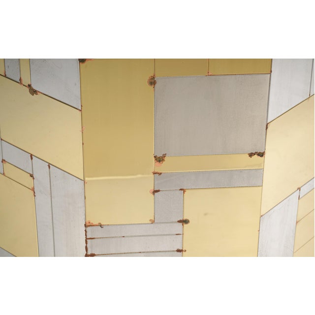 Signed Paul Evans 1970s Cityscape Patchwork Chrome and Brass Octagonal Breakfast Dining Table For Sale - Image 9 of 9