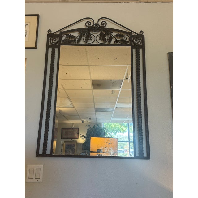 Early 20th Century Art Deco Wrought Iron Mirror — Hand-Forged Scroll & Leaf Design For Sale - Image 5 of 10