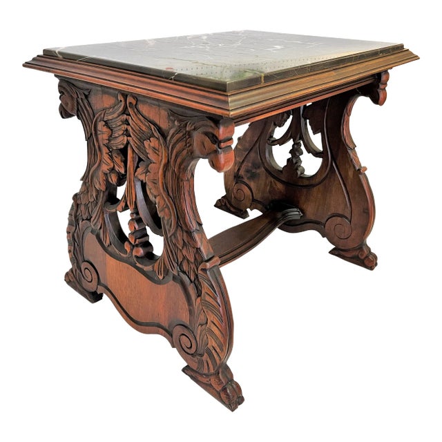 1940's Carved Lyre Leg With Eagle Details Side Table With Emperador Marble Top For Sale