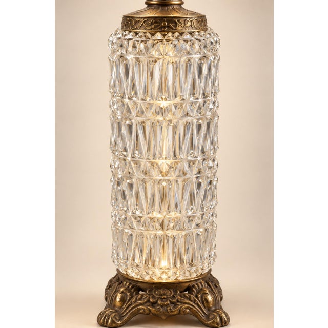 Vintage French Neoclassical Illuminated Crystal Table Lamp With Cream Bell Shade For Sale In Los Angeles - Image 6 of 8
