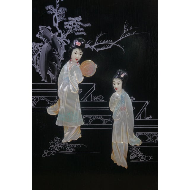Late 20th Century Black Lacquered Mother of Pearl Geisha Garden Courtyard Panels 24" For Sale - Image 5 of 13