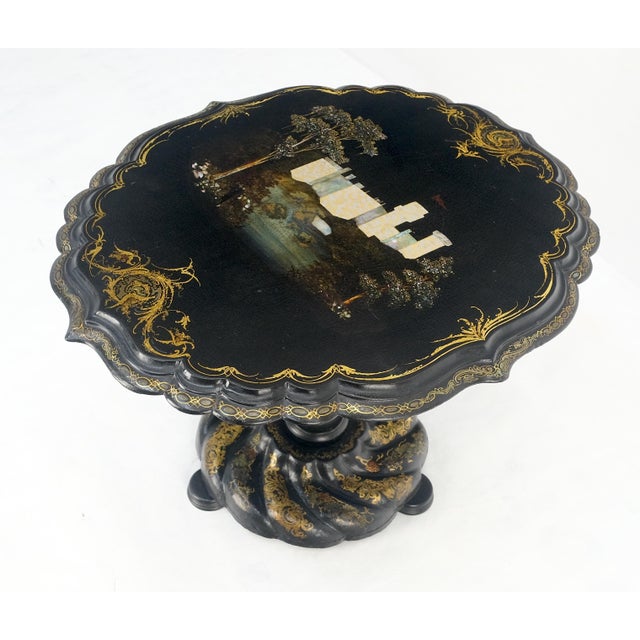 English Papier-Mache Black Gold Mother of Pearl Antique c1900s Lamp Table Clean! For Sale - Image 11 of 13