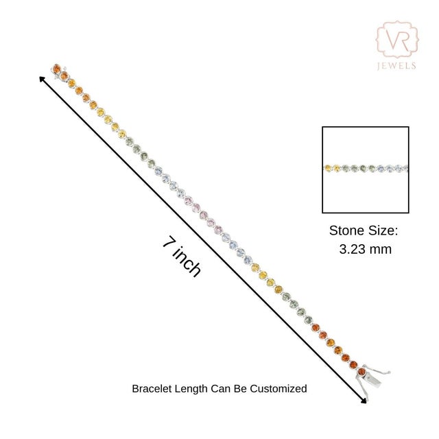 5.95Crt Rainbow Sapphire Bezel Set Classical Roman Tennis Bracelet in 14k Gold For Sale - Image 12 of 16