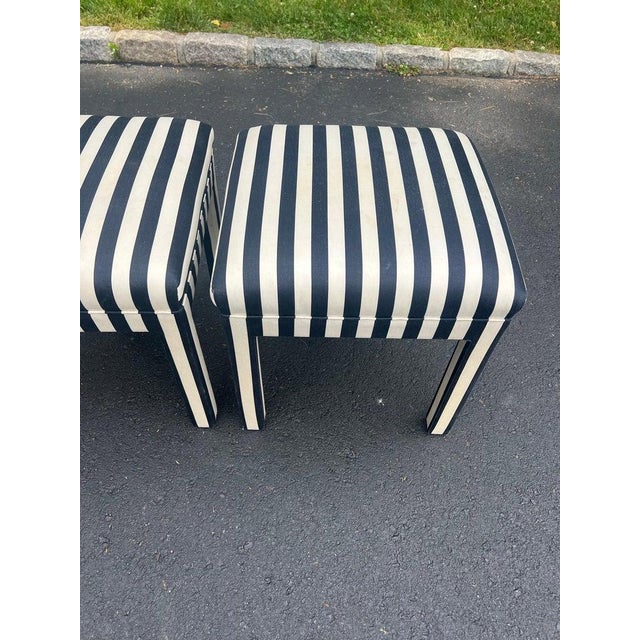Pair of Striped Square Ottomans in the Style of Billy Baldwin For Sale - Image 11 of 12