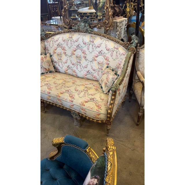 French 1960s French Louis XVI Style Settee Floral Tapestry Loveseat Carved Giltwood Canapa For Sale - Image 3 of 6