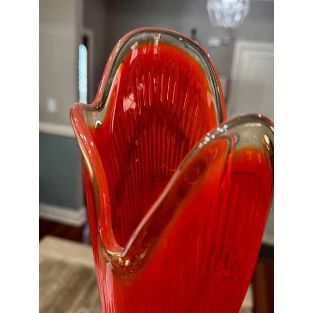 Glass Vintage Le Smith Nubby Butt Orange Amberina Swung Vase - 39”Tall For Sale - Image 7 of 12