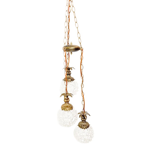 Vintage MCM 1960s Hollywood Regency Triple Swag Chandelier Faceted Glass Globe Pendant Lighting For Sale
