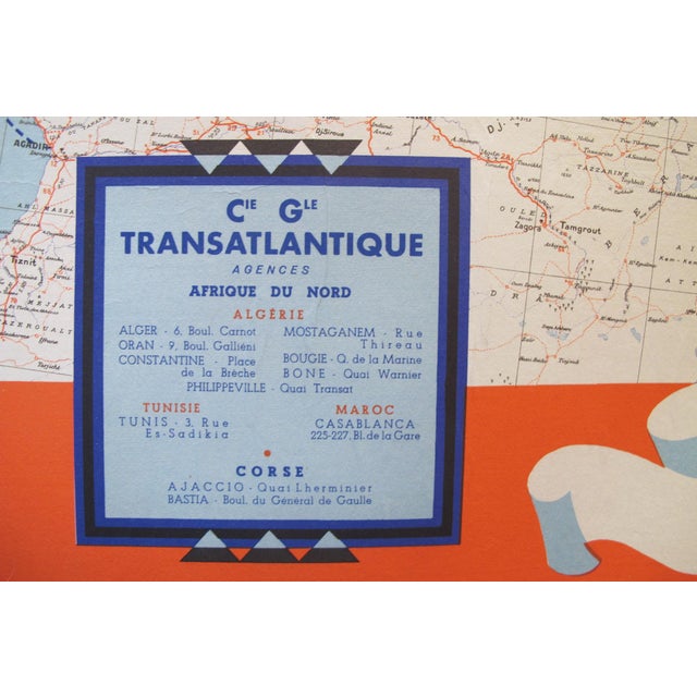 Illustration 1950 Map of North Africa, Cie Gle Compagnie Generale Transatlantique For Sale - Image 3 of 4