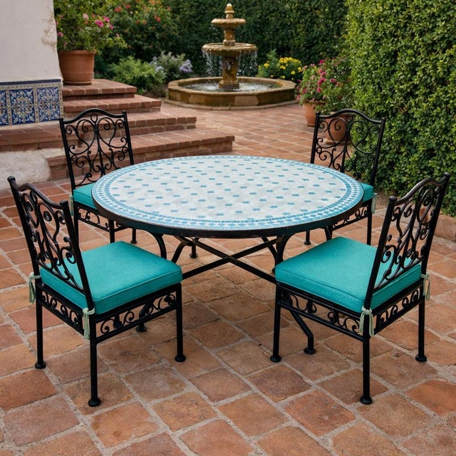 Moroccan 48" Moroccan White and Turquoise Round Mosaic Table For Sale - Image 3 of 8