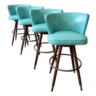 Vintage Pink Vinyl Bar & 4 Aqua Barstools Set For Sale