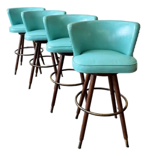 Vintage Pink Vinyl Bar & 4 Aqua Barstools Set