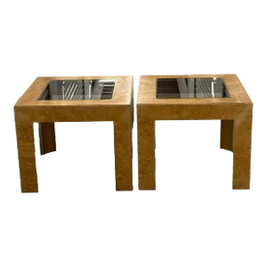 1980s Pair Olive Wood Veneer Smoked Glass With Gold Trim Side Tables by Thomasville