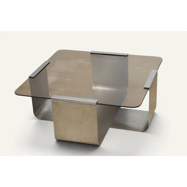 1970s Coffee Table in Brushed Steel and Smoked Glass, 1970s For Sale - Image 5 of 14