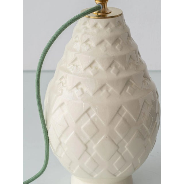 Green Antique Art Deco Ceramic Table Lamp with New Silk Ikat Shade by Charles Catteau For Sale - Image 8 of 11
