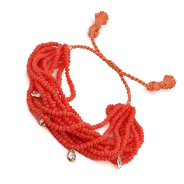 Metal Crystal & Diamond Multi Strand Orange Adjustable Bracelet For Sale - Image 7 of 7