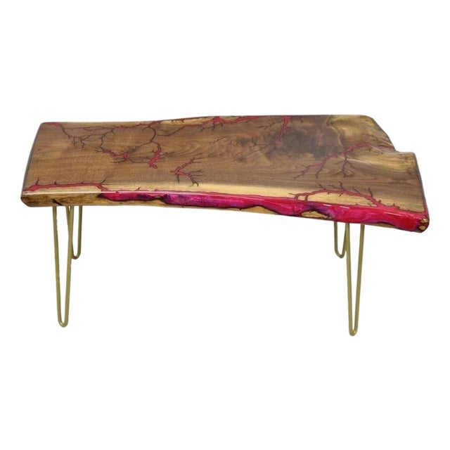 Live Edge Black Walnut Surfboard Coffee Table Red Resin Lacquer Hairpin Legs For Sale