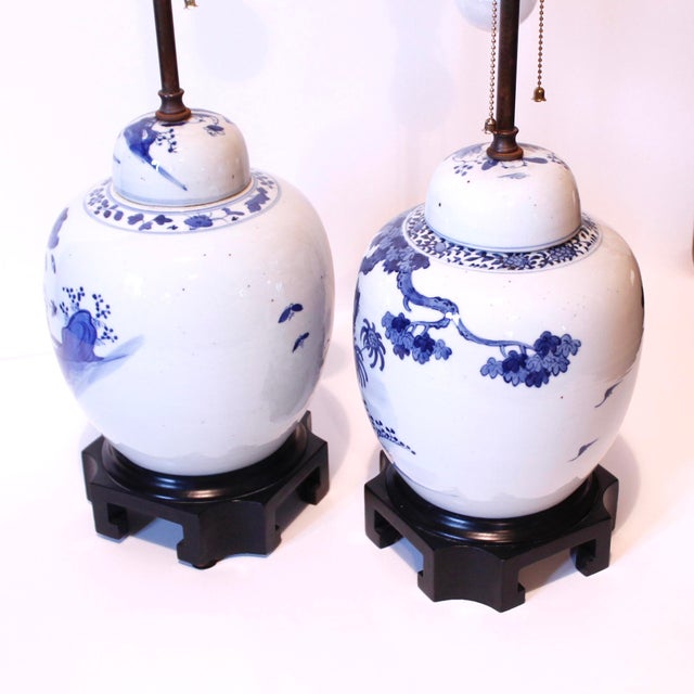 Pair of Chinese Blue and White Figural Decorated Ginger Jars Adapted Into Lamps For Sale - Image 12 of 12