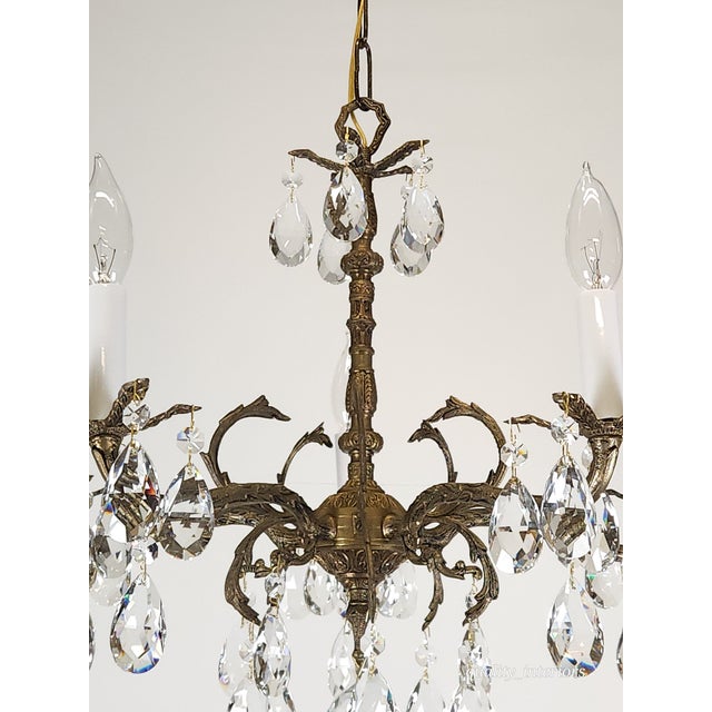 Brass Antique 5 Light 5 Arm Overflowing Opulent Brass Cut Lead Crystal Chandelier For Sale - Image 8 of 12