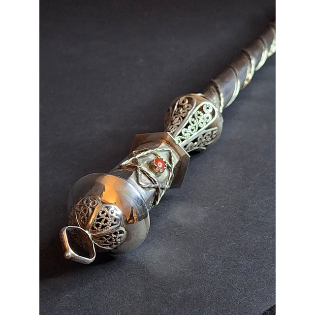 Antique 1812 Silver Torah Pointer Yad - 84 Zolotnik - Filigree & Coral Stone For Sale - Image 11 of 18