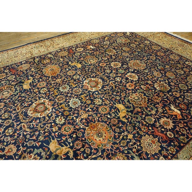 Textile 1940s Mid 20th Century Blue Navy Antique Hunting Handknotted Wool Carpet Rug For Sale - Image 7 of 9