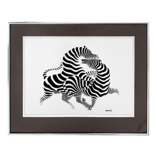 Vintage 1970s Victor Vasarely Zebras II Framed Op Art Serigraph - Mid-Century Modern Optical Art Print W/ Brushed Aluminum Frame - 16" X 20" For Sale