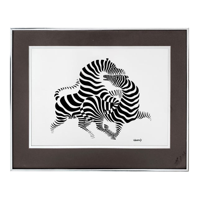 Vintage 1970s Victor Vasarely Zebras II Framed Op Art Serigraph - Mid-Century Modern Optical Art Print W/ Brushed Aluminum Frame - 16" X 20" For Sale