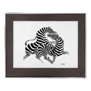 Vintage 1970s Victor Vasarely Zebras II Framed Op Art Serigraph - Mid-Century Modern Optical Art Print W/ Brushed Aluminum Frame - 16" X 20"