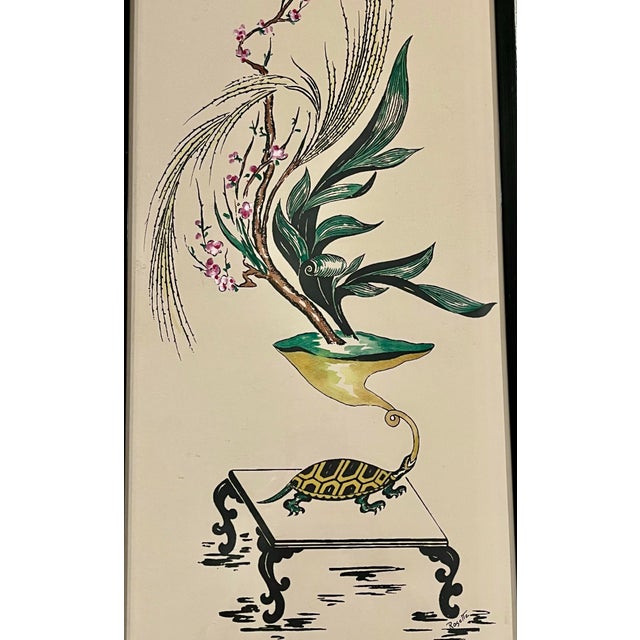 Mid-Century Surrealist Flowers and Turtles Original Watercolor Gouache Framed Paintings Tall 29"h - For Sale - Image 4 of 12