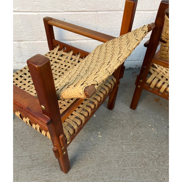 Pair of Mid-Century Teak Danish Woven Raffia Lounge Chairs For Sale - Image 9 of 10