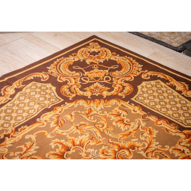 Brown 9x12 Vintage Aubusson Flat Weave Wool Rug, Brown Baroque Medallion For Sale - Image 8 of 14