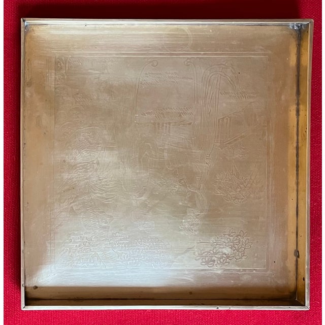 Antique Early 20th Century Japanese Meiji Period Square Brass Tray With Etched Court Scene For Sale - Image 4 of 17