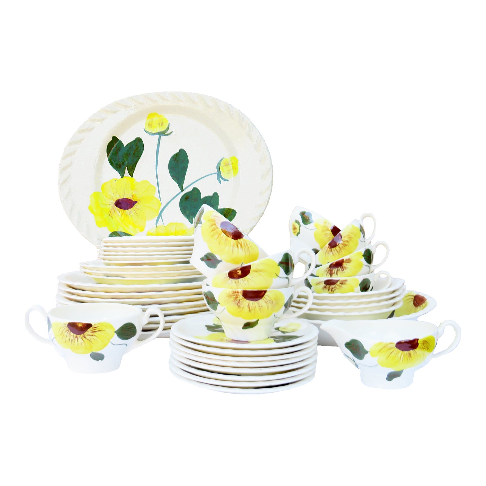 1940s Southern Blue Ridge Pottery Yellow Poppy Freedom Flower China, 40  Pieces