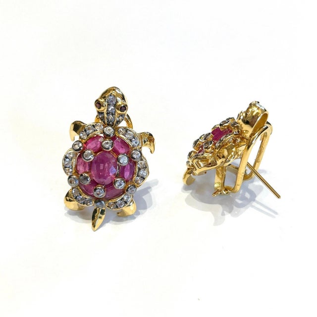 Bochic "Orient" Vintage Ruby & White Topaz Turtle Earrings Set 18K Gold & Silver, A Pair For Sale - Image 18 of 18