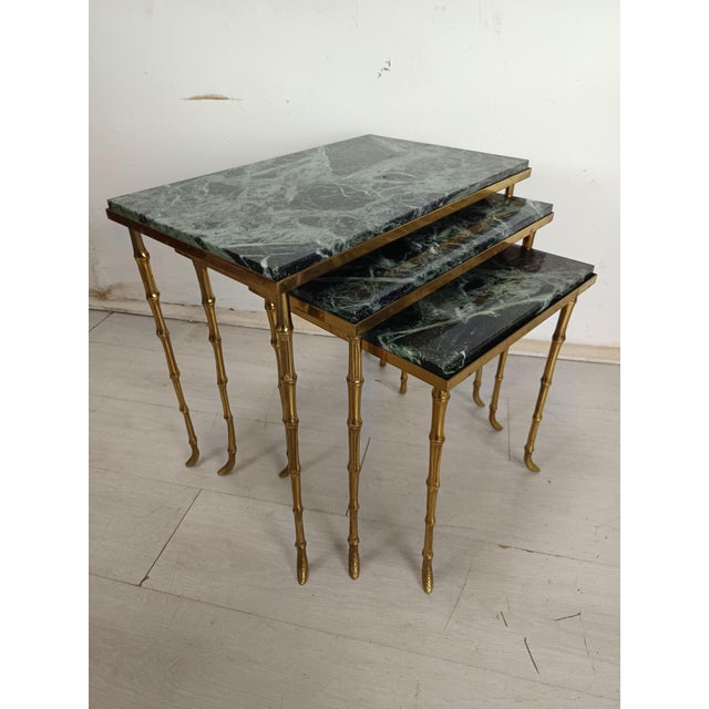 Nesting Tables in Bamboo, Bronze, and Marble from Maison Jansen, 1950s, Set of 3 For Sale - Image 16 of 16