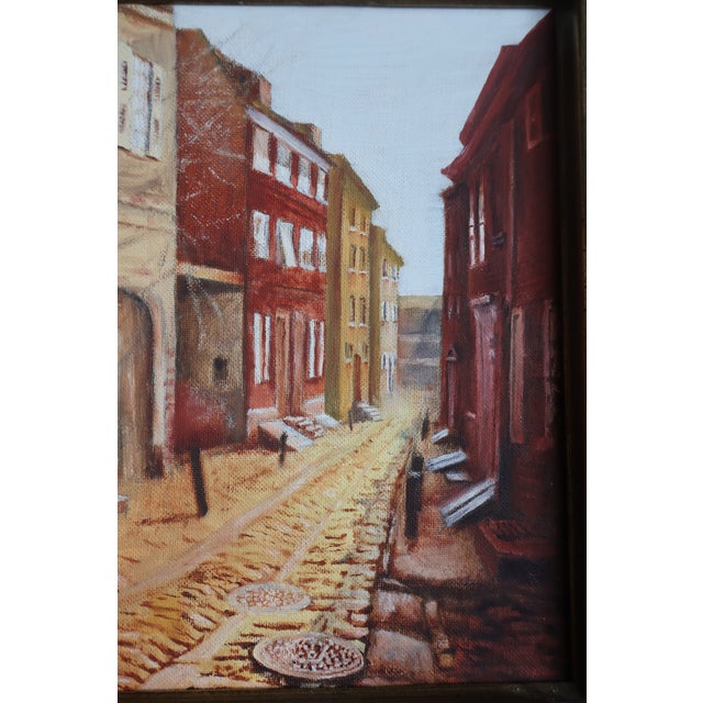 Vintage Roger Merkel Signed Cobblestone Street Oil Painting—Gilt Framed For Sale - Image 4 of 15