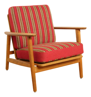 Danish Teak and Oak Lounge Chair with Red and Green Striped Fabric, 1960s