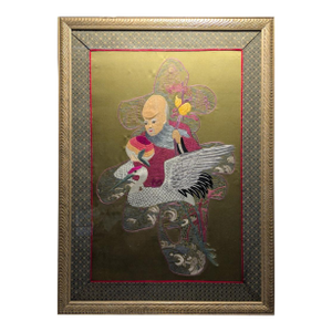 Large Vintage Chinese Silk Embroidery God of Longevity Shou Lao on Crane
