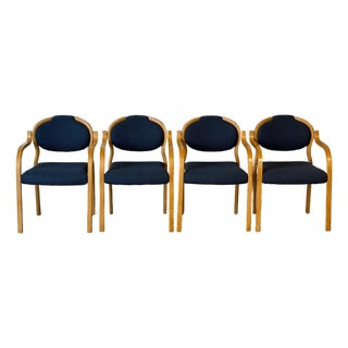 Set of 4 Vintage Danish Beechwood Armchairs – Mid-Century Modern Dining Chairs With New Blue Upholstery For Sale