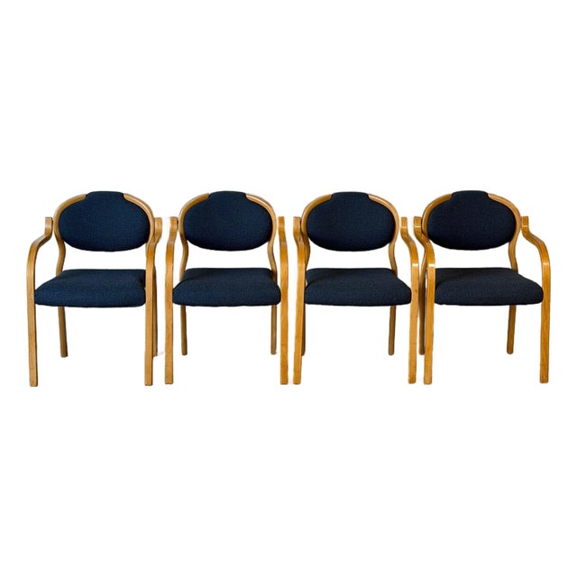 Set of 4 Vintage Danish Beechwood Armchairs – Mid-Century Modern Dining Chairs With New Blue Upholstery For Sale