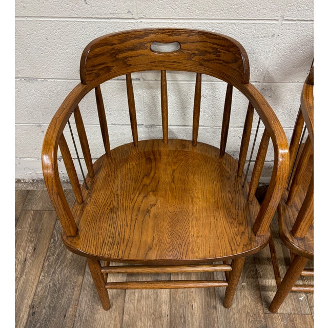 Traditional Antique Barrel Back Oak Pub Chairs Captain’s Chairs - Pair For Sale - Image 3 of 11