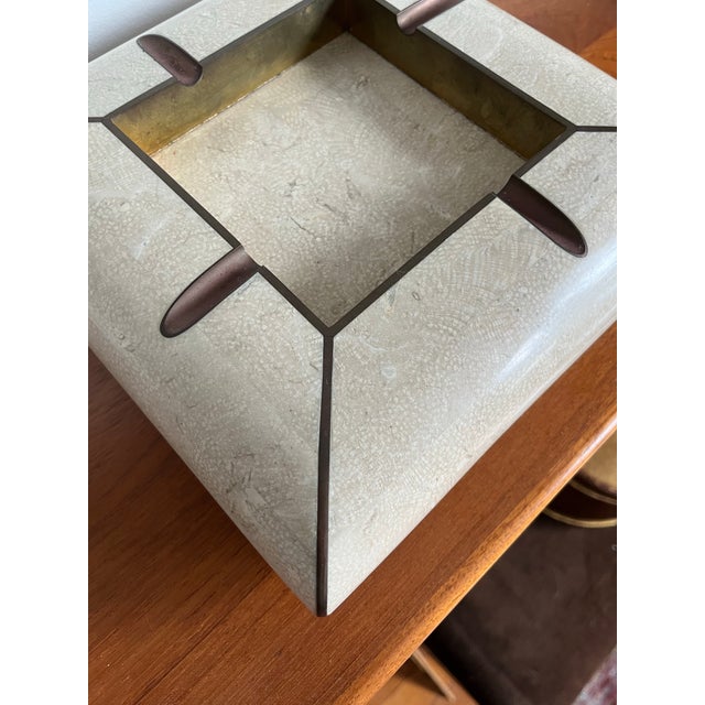 Beige Vintage Maitland-Smith Tessellated Stone & Brass Ashtray, Karl Springer Style For Sale - Image 8 of 9