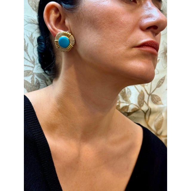 16 Ct Oval Sleeping Beauty Turquoise 3 ct Diamond Stud Earrings 14 K Yellow Gold For Sale - Image 14 of 18