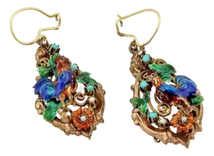 Antique 14k Gold & Silver Enamel Turquoise Rooster Dangle Earrings, 2 Pieces