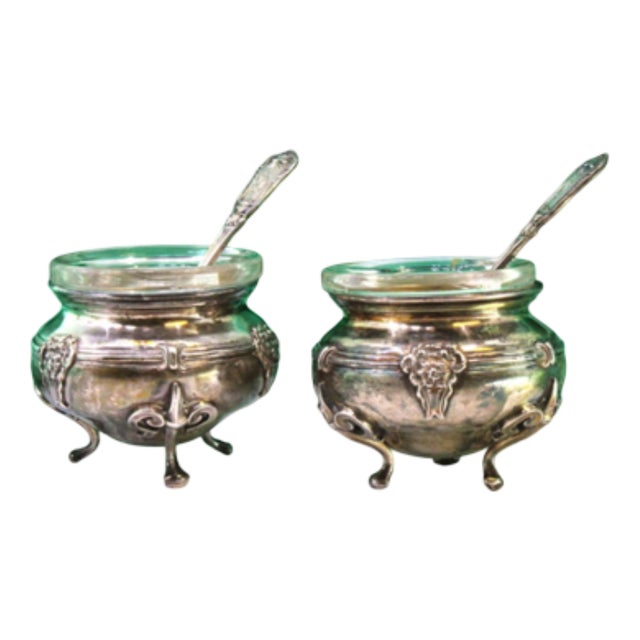 Silver Salt and Pepper Shakers with Glass Cores and Embossed Spoons, Set of 4 For Sale