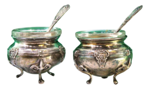 Silver Salt and Pepper Shakers with Glass Cores and Embossed Spoons, Set of 4
