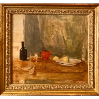 Seymour Remenick, Seymour Remenick Still Life Table Scape Oil Painting with Bottle and Fruit For Sale