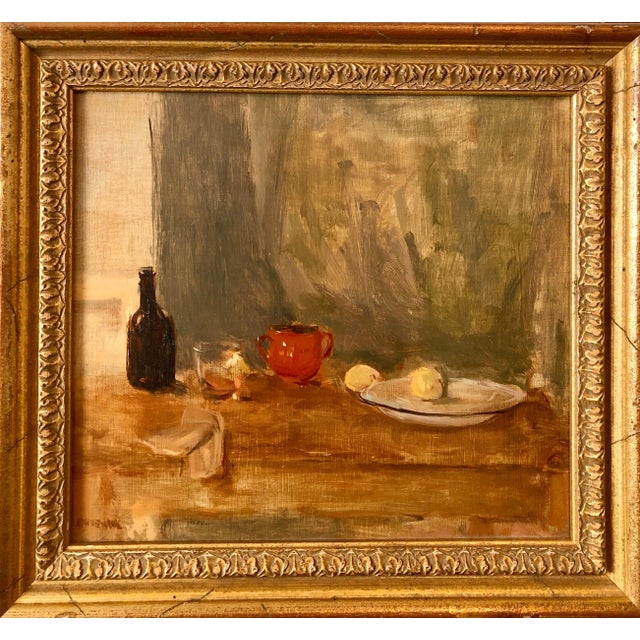Seymour Remenick, Seymour Remenick Still Life Table Scape Oil Painting with Bottle and Fruit For Sale