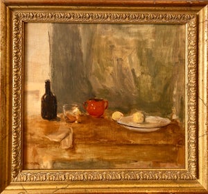 Seymour Remenick, Seymour Remenick Still Life Table Scape Oil Painting with Bottle and Fruit