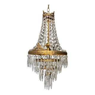 1960s French Empire Style Brass and Crystal Chandelier For Sale